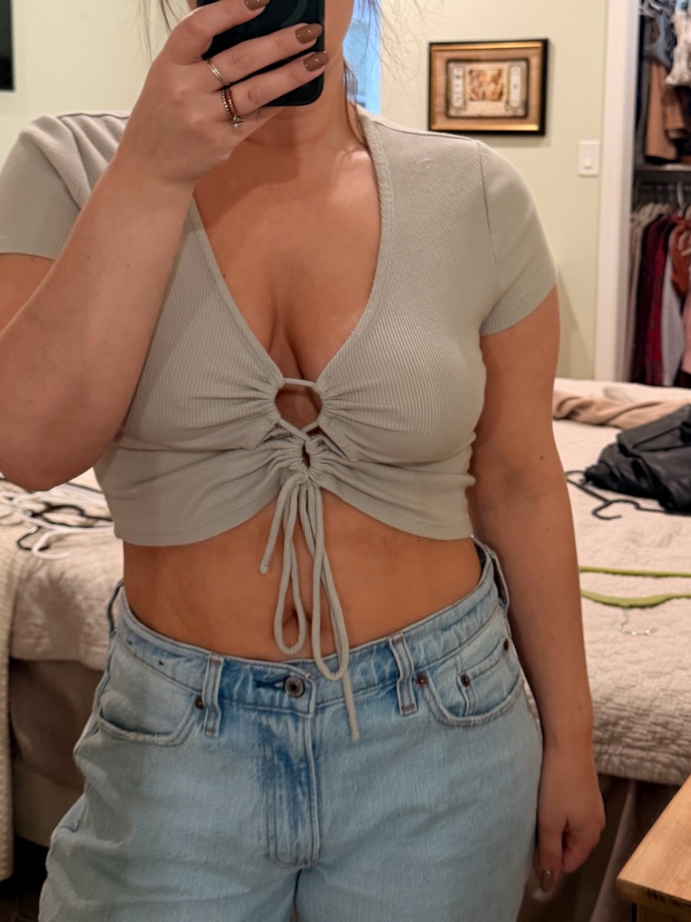 Abercrombie & Fitch Sage Green Ribbed Drawstring Crop Top